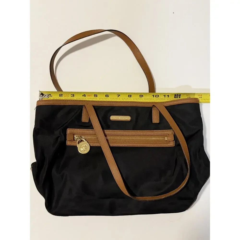 Michael Kors Nylon Tote Bag Black Tan Leather Trim Gold Hardware